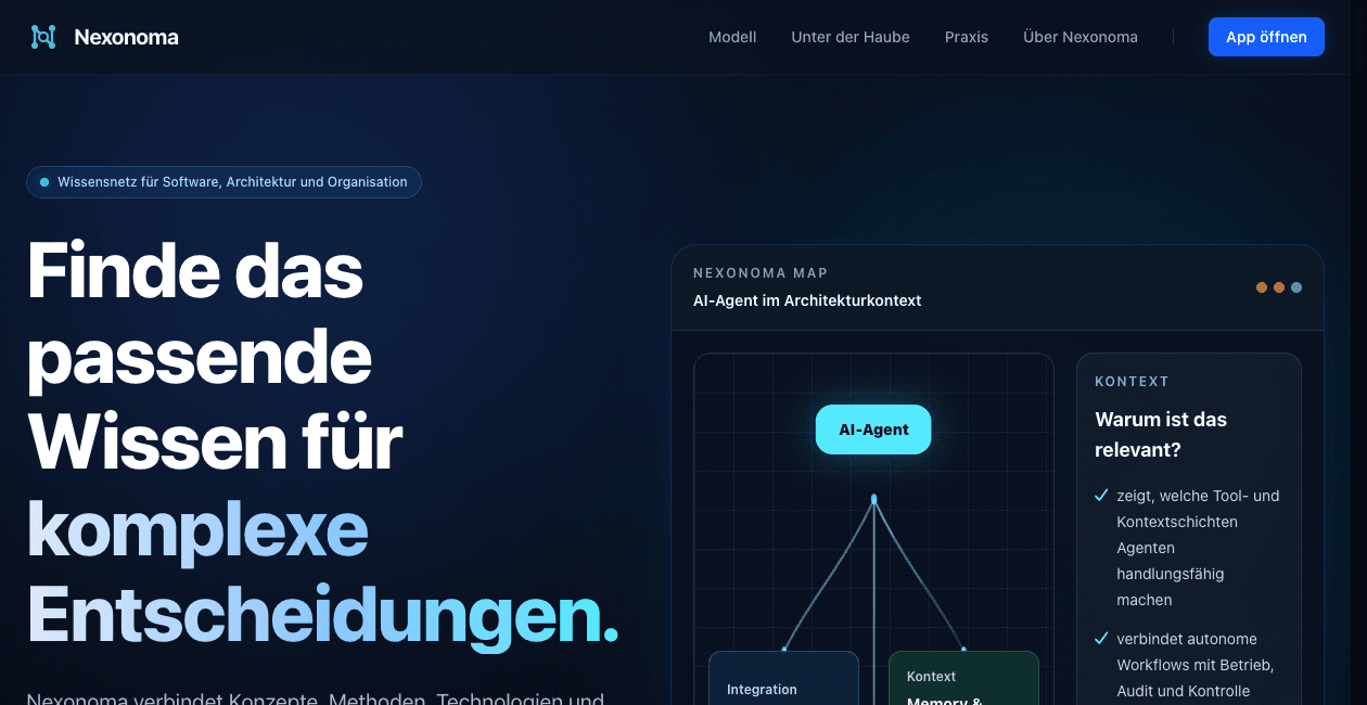 Einblick in die Startseite von Nexonoma mit der Wissenskarte für einen AI-Agenten